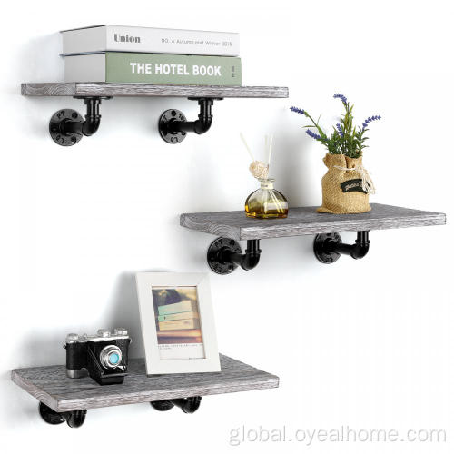 Wall Mounted Wood Shelving Storage Floating Shelves with Industrial Pipe Set of 3 Factory